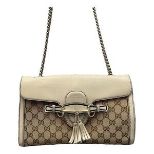 Authentic - Gucci Emily Beige and Cream Shoulder Bag GG Patterned